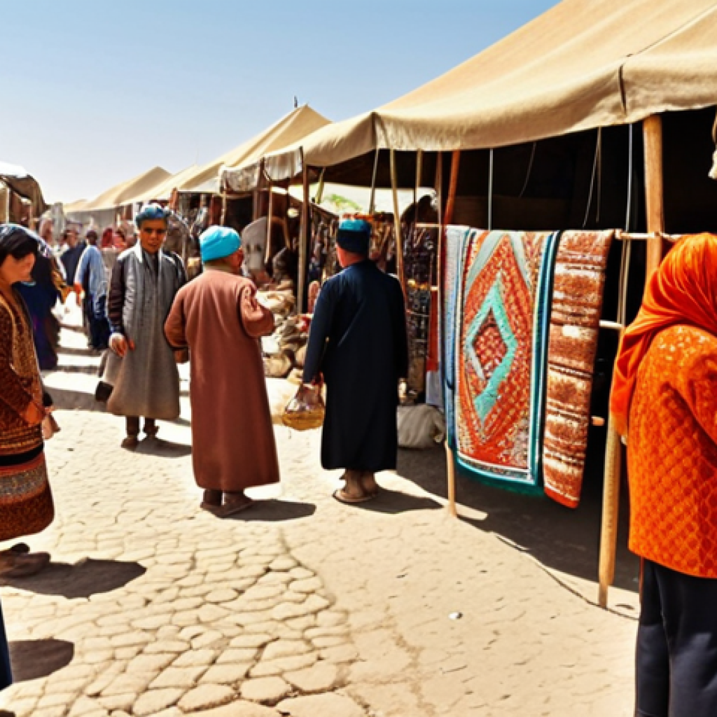 **A bustling Silk Road marketplace scene on the border between Turkmenistan and Uzbekistan. Depict vibrant textiles, spices, and traditional crafts. People from both countries are interacting, trading goods, and celebrating their shared cultural heritage. Capture the warmth of the desert sun and the intricate details of traditional clothing. Consider a "National Geographic" style photography.**