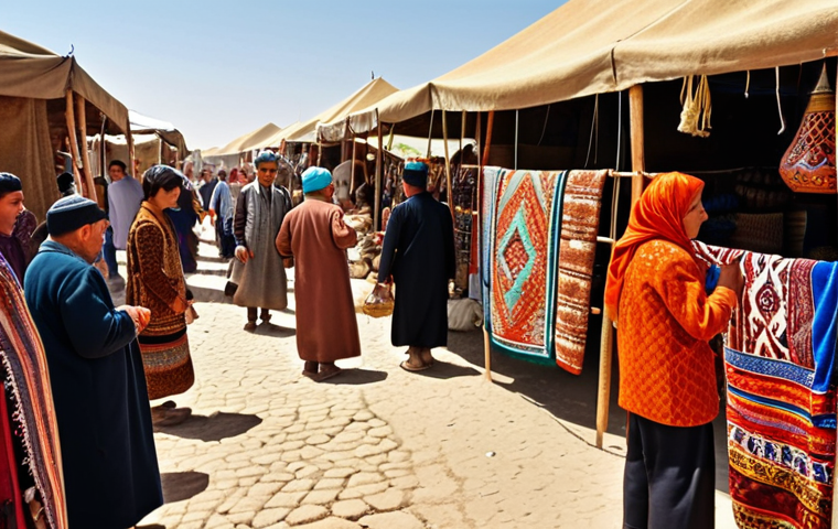 **A bustling Silk Road marketplace scene on the border between Turkmenistan and Uzbekistan. Depict vibrant textiles, spices, and traditional crafts. People from both countries are interacting, trading goods, and celebrating their shared cultural heritage. Capture the warmth of the desert sun and the intricate details of traditional clothing. Consider a "National Geographic" style photography.**