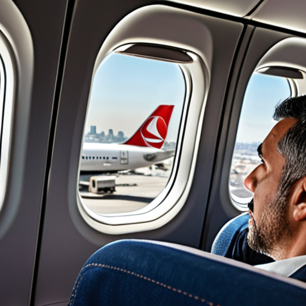 **

A modern airplane cabin interior, focusing on a Turkish Airlines flight. Show a diverse set of passengers looking comfortable and content. Focus on the airline's branding (logos, colors), and emphasize punctuality and good service. The background should feature a blurry Istanbul cityscape visible through the airplane window.

**