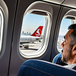**

A modern airplane cabin interior, focusing on a Turkish Airlines flight. Show a diverse set of passengers looking comfortable and content. Focus on the airline's branding (logos, colors), and emphasize punctuality and good service. The background should feature a blurry Istanbul cityscape visible through the airplane window.

**