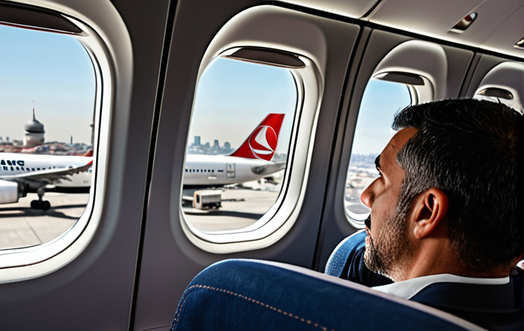 **

A modern airplane cabin interior, focusing on a Turkish Airlines flight. Show a diverse set of passengers looking comfortable and content. Focus on the airline's branding (logos, colors), and emphasize punctuality and good service. The background should feature a blurry Istanbul cityscape visible through the airplane window.

**