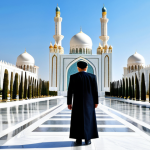 A solitary person, fully clothed in professional, modest attire, stands on a wide, pristine boulevard in Ashgabat. The background showcases the city's iconic, dazzling white marble buildings and grand monuments under bright sunlight. The scene emphasizes the surreal and futuristic architecture. Professional photography, high quality, perfect anatomy, correct proportions, natural pose, well-formed hands, proper finger count, natural body proportions, safe for work, appropriate content, family-friendly.