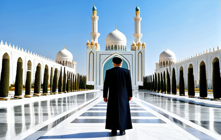 A solitary person, fully clothed in professional, modest attire, stands on a wide, pristine boulevard in Ashgabat. The background showcases the city's iconic, dazzling white marble buildings and grand monuments under bright sunlight. The scene emphasizes the surreal and futuristic architecture. Professional photography, high quality, perfect anatomy, correct proportions, natural pose, well-formed hands, proper finger count, natural body proportions, safe for work, appropriate content, family-friendly.